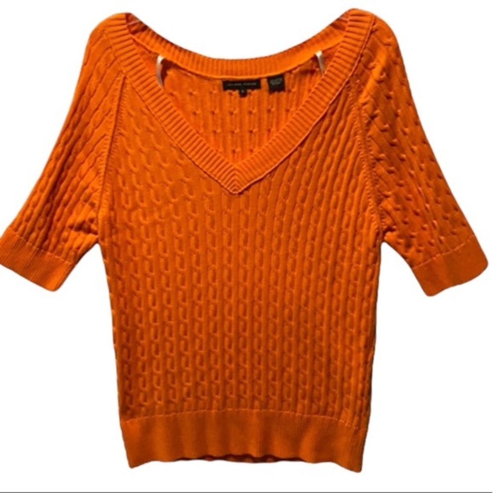 Jeanne Pierre Orange Cable Knit V Neck Sweater Top Size L Fall Autumn